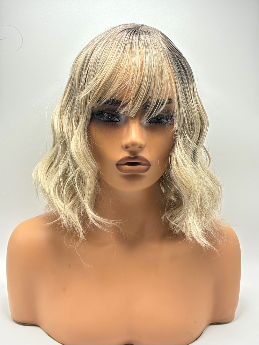 Blonde Wavy Bob Wig with Bangs - Women Hair. Synthetic 12”